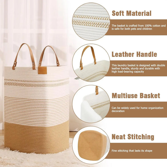 75 Liter Tall Woven Cotton Laundry Hamper with Leather Handles