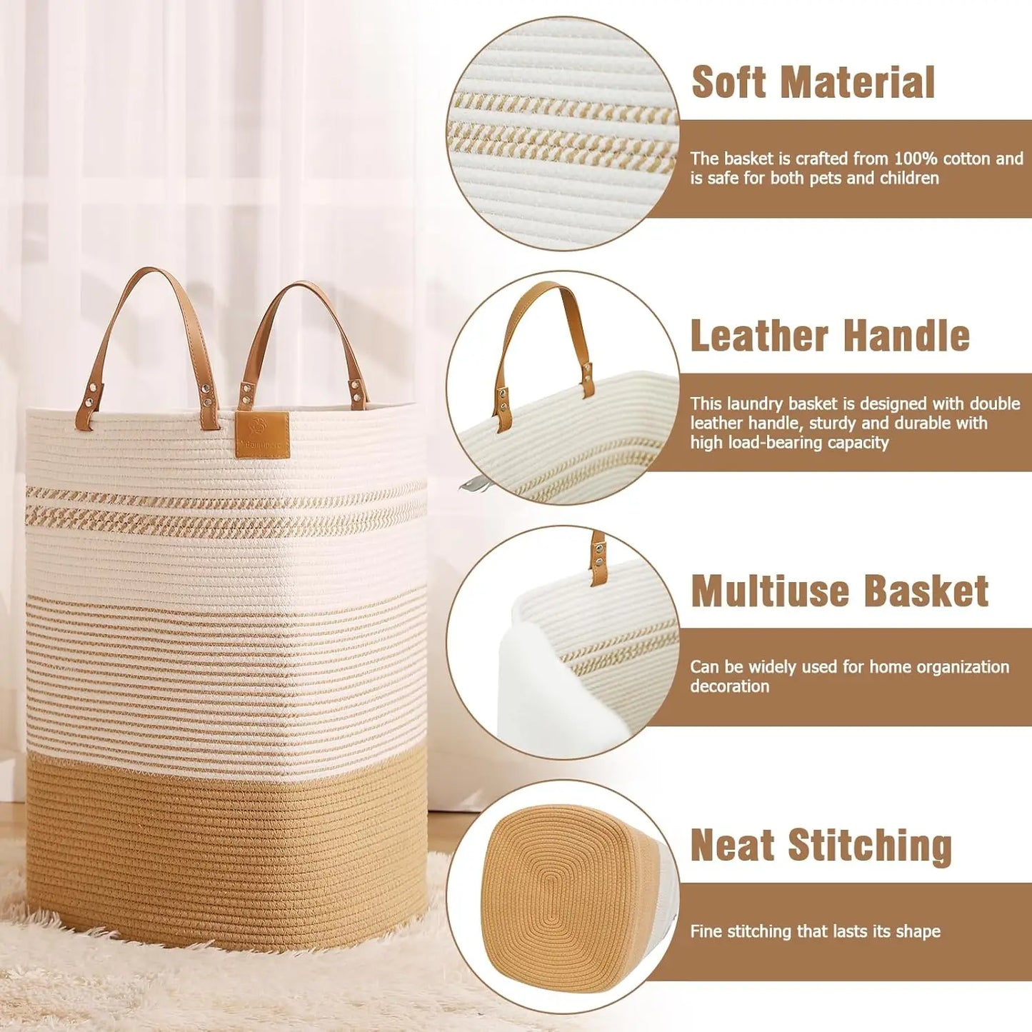 75 Liter Tall Woven Cotton Laundry Hamper with Leather Handles