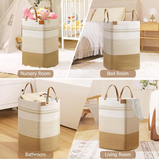 75 Liter Tall Woven Cotton Laundry Hamper with Leather Handles