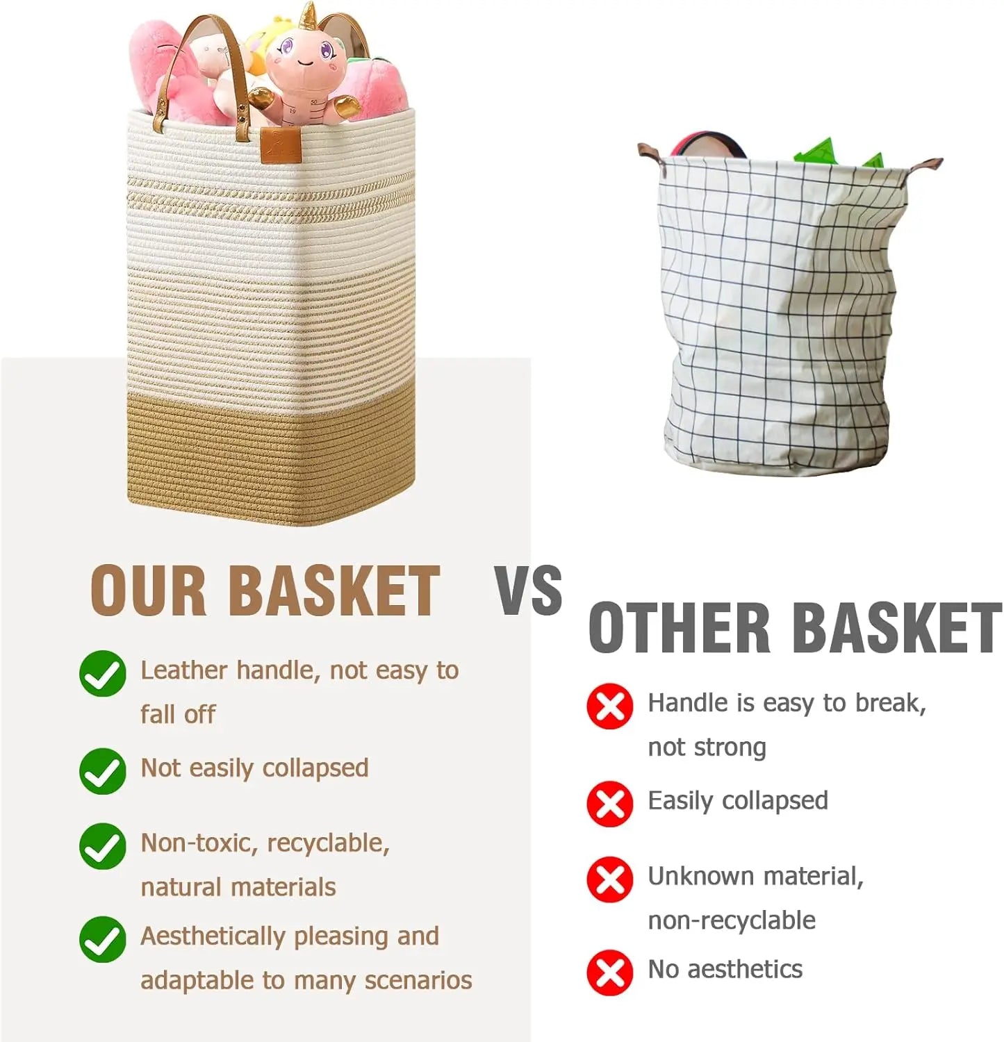 75 Liter Tall Woven Cotton Laundry Hamper with Leather Handles