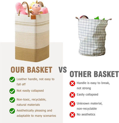75 Liter Tall Woven Cotton Laundry Hamper with Leather Handles