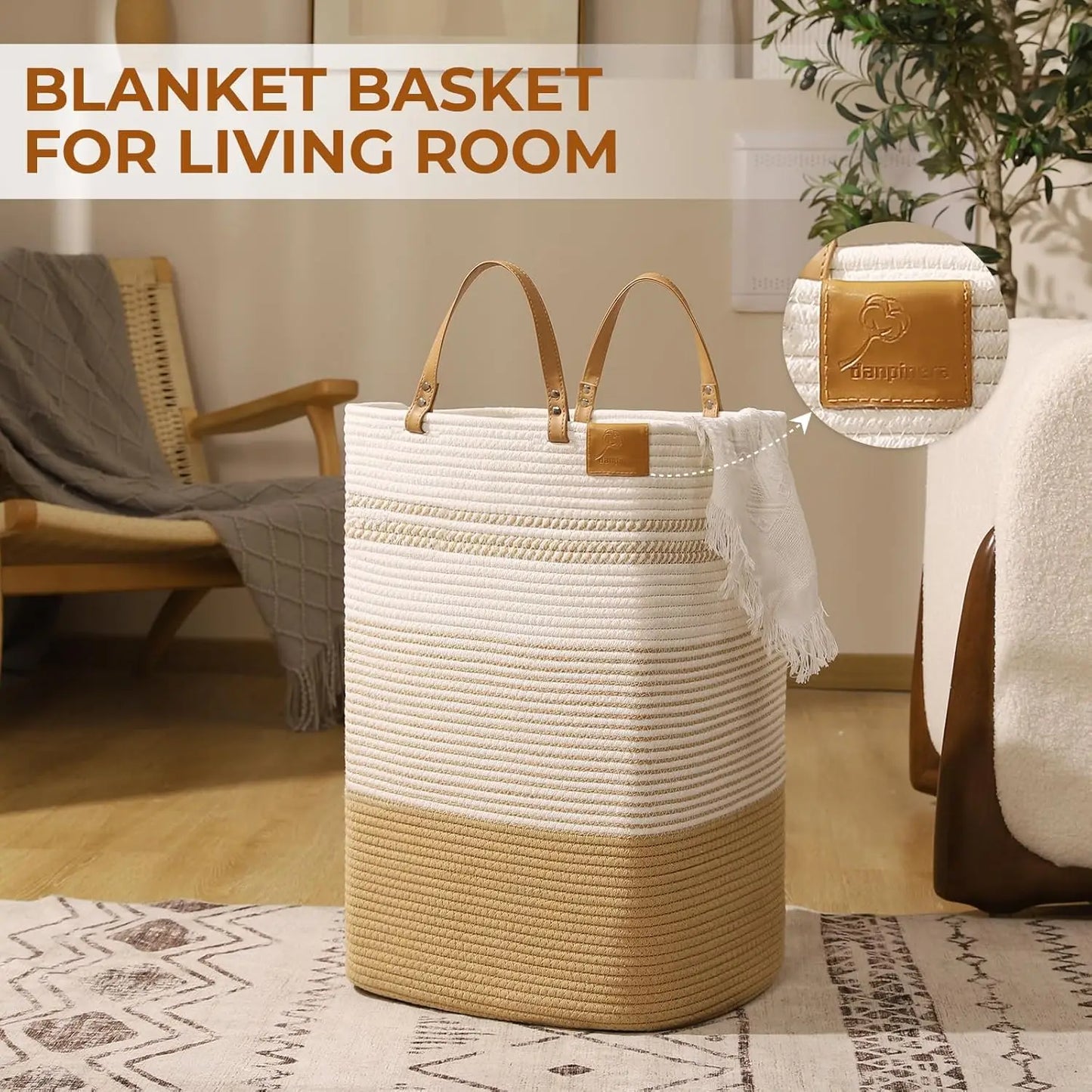 75 Liter Tall Woven Cotton Laundry Hamper with Leather Handles